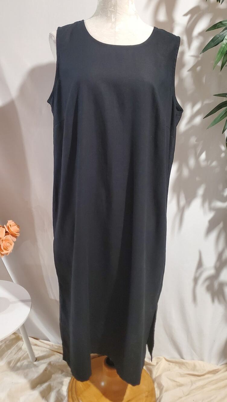 Vtg Studio Ease Linen Dress Plus Size 16W Black Modest Minimalist Lagenlook 90s